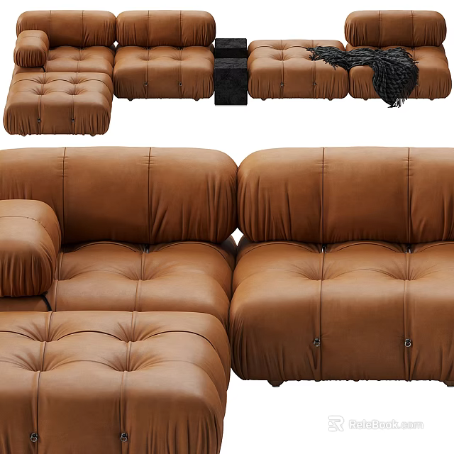 Spacious Brown Leather Sectional Sofa With Tufted Design And Modular Parts 3d model