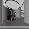 Modern Style Lobby Interior With Curved White Walls Circular Ceiling Lights And Spiral Staircase