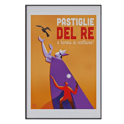 Pastiglie Del Re Illustration With Flying Characters And Orange Purple Background 3d model