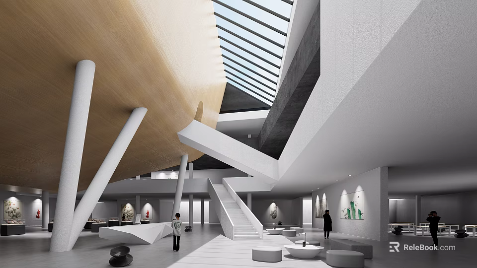 Modern Cultural Center Interior Design With Skylight Staircase White Columns And Open Space 3d model 