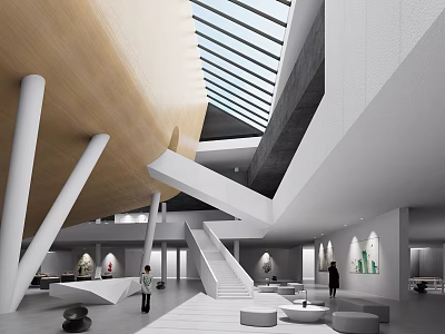 Modern Cultural Center Interior Design With Skylight Staircase White Columns And Open Space 3d model