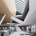 Modern Cultural Center Interior Design With Skylight Staircase White Columns And Open Space