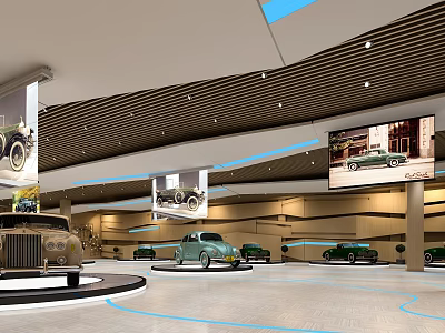 Vintage Car Exhibition Hall With Classic Vehicles And Hanging Posters 3d model