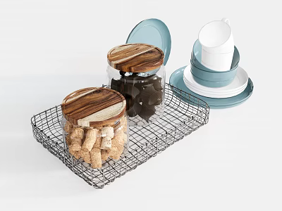 Blue and White Tableware Set with Wire Tray Jars Wooden Lids and Stacked Plates Cups 3d model