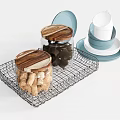 Blue and White Tableware Set with Wire Tray Jars Wooden Lids and Stacked Plates Cups