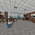 Modern Office Interior With Large Windows Desks Chairs Bookshelves And Patterned Carpet