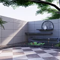Serene Garden Landscape With Wooden Pergola Swing Checkerboard Tiles Green Plants And Chairs