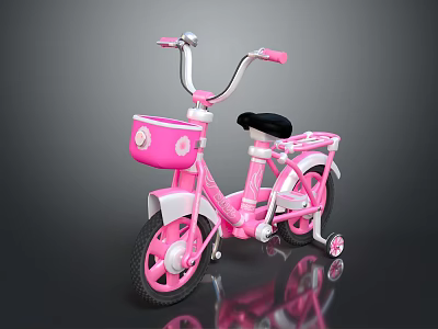 Pink Children's Bicycle with Training Wheels and Decorative Basket for Kids 3d model