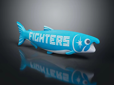 Blue Fish Shaped Stuffed Toy With FIGHTERS Text And Star Design For Kids 3d model