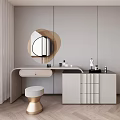Modern Elegant Dressing Table Interior Design With Round Mirror And Gold Stool And Cabinet 3d model