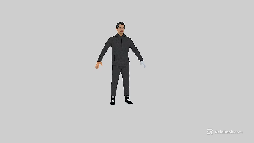 Man Wearing Dark Hoodie And Dark Pants Standing Against Gray Background In Casual 3D Figure 3d model 