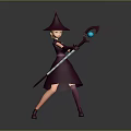 Woman In Purple Wizard Costume With Pointed Hat Holding Magic Wand And Blue Gem