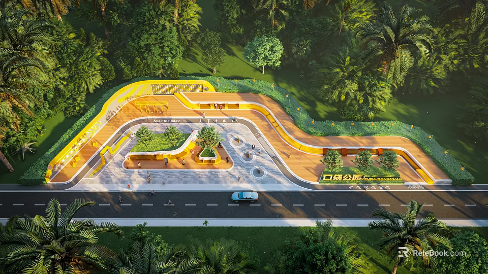 Park Landscape Design With Winding Path Greenery Seating Areas And Lush Trees 3d model 
