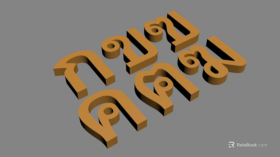 Golden 3D Modeled Thai Characters Decorative Ornament Set with Gray Background for Home Decor 3d model 