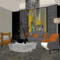 Modern Living Room With Sofa Coffee Table Set Armchairs Chandelier And Abstract Painting