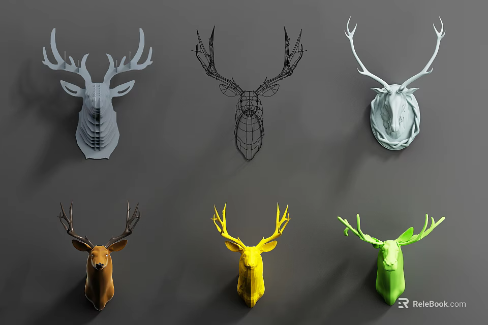 Colorful Deer Head Wall Decor With Gray Black White Brown Yellow Green Modern Design 3d model 