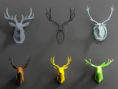 Colorful Deer Head Wall Decor With Gray Black White Brown Yellow Green Modern Design 3d model