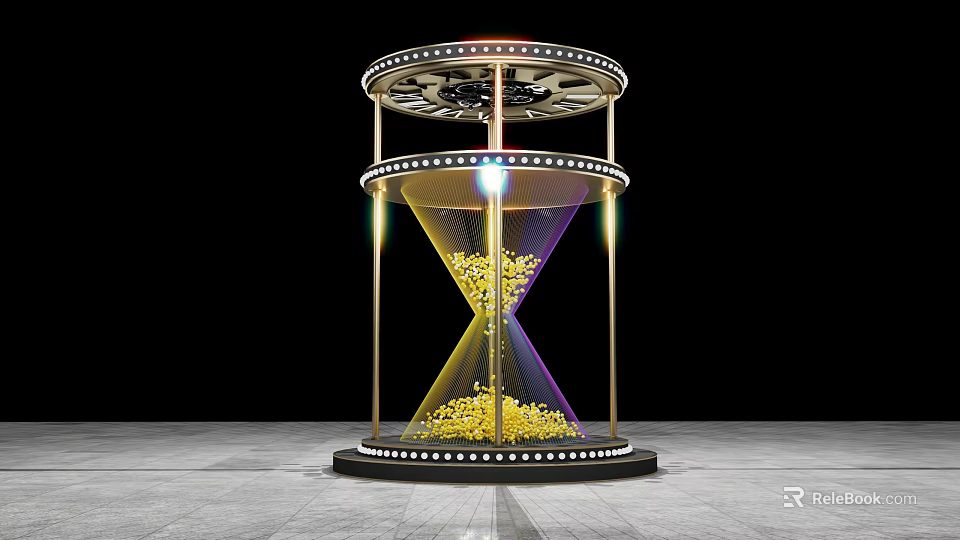 Illuminated Hourglass Art Installation With Golden Particles And Metal Frame On Black Background Gray Floor 3d model 