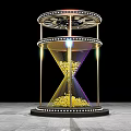 Illuminated Hourglass Art Installation With Golden Particles And Metal Frame On Black Background Gray Floor