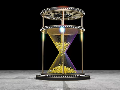 Illuminated Hourglass Art Installation With Golden Particles And Metal Frame On Black Background Gray Floor 3d model