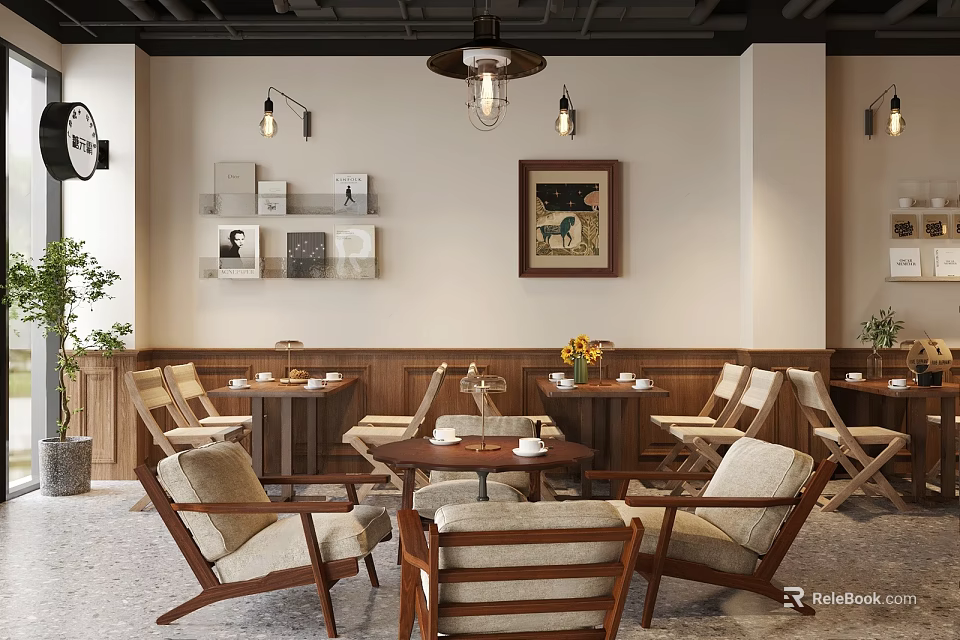 Cozy Café Interior With Wooden Tables Chairs Framed Artwork Pendant Lights And Green Plants 3d model 