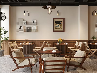 Cozy Café Interior With Wooden Tables Chairs Framed Artwork Pendant Lights And Green Plants 3d model
