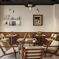 Cozy Café Interior With Wooden Tables Chairs Framed Artwork Pendant Lights And Green Plants