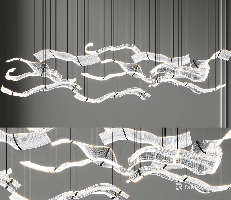 Elegant Flowing Ribbon Like White Chandeliers Hanging In Grey Background Space 3d model 