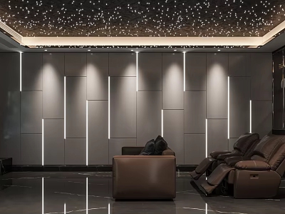 Home Theater Room With Starry Ceiling Gray Walls LED Strip Lights And Brown Leather Recliners 3d model