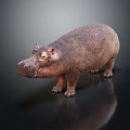 Lifelike Large Hippopotamus Standing On Dark Smooth Surface With Glossy Reflection 3d model
