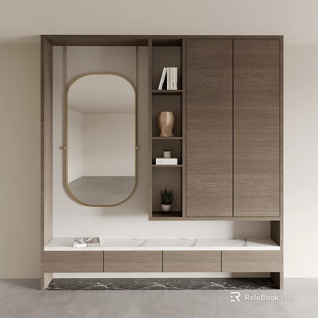 Modern Wooden Shoe Cabinet Storage Design With Drawers Open Shelves And Decorative Vase 3d model 