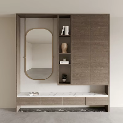 Modern Wooden Shoe Cabinet Storage Design With Drawers Open Shelves And Decorative Vase 3d model