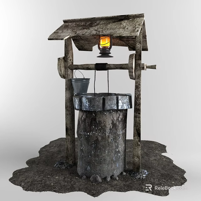 Traditional Garden Ornament Featuring Wooden Roofed Stone Well With Hanging Lantern And Metal Bucket 3d model 