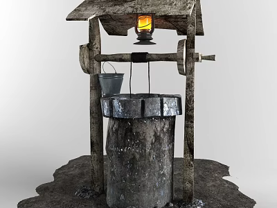 Traditional Garden Ornament Featuring Wooden Roofed Stone Well With Hanging Lantern And Metal Bucket 3d model