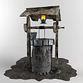 Traditional Garden Ornament Featuring Wooden Roofed Stone Well With Hanging Lantern And Metal Bucket