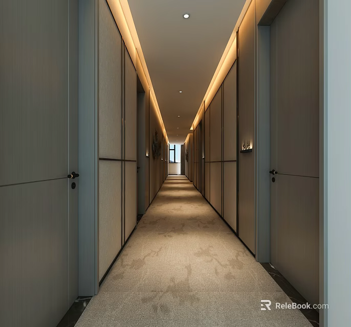 Modern Hotel Hallway With Long Corridor Doors On Both Sides Carpeted Floor And Ceiling Lighting 3d model 