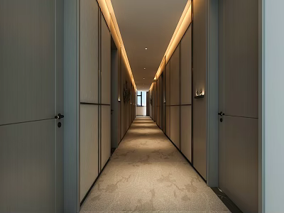 Modern Hotel Hallway With Long Corridor Doors On Both Sides Carpeted Floor And Ceiling Lighting 3d model