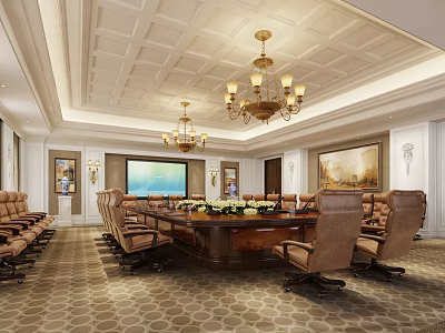 Elegant Conference Room Interior With Ornate Chandeliers Long Wooden Table And Leather Chairs 3d model