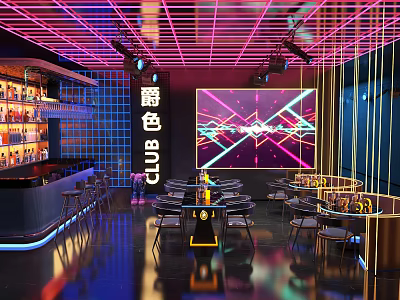 Modern KTV Lounge Interior With Neon Lights Bar Counter And Stage Screen 3d model