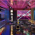 Modern KTV Lounge Interior With Neon Lights Bar Counter And Stage Screen