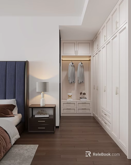 Modern White Wardrobe Design In Bedroom With Hanging Area Drawers And Wooden Floor 3d model 