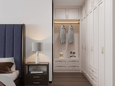 Modern White Wardrobe Design In Bedroom With Hanging Area Drawers And Wooden Floor 3d model