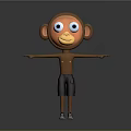 Cartoon Monkey Character 3D Model With Big Eyes Brown Body Black Shorts And Outstretched Arms
