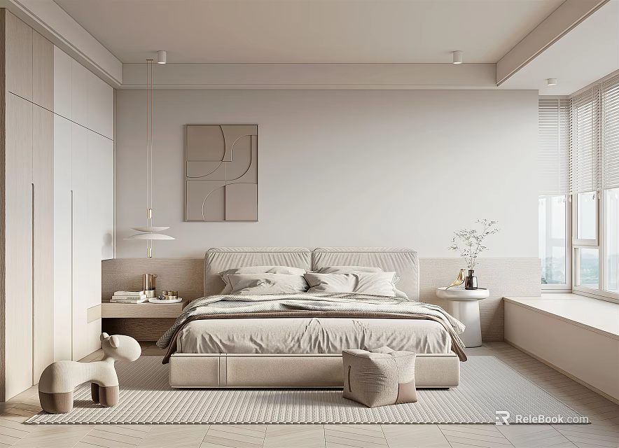 Modern Bedroom Interior Design With Neutral Tones Bed Nightstands Abstract Painting And Window Blinds 3d model 
