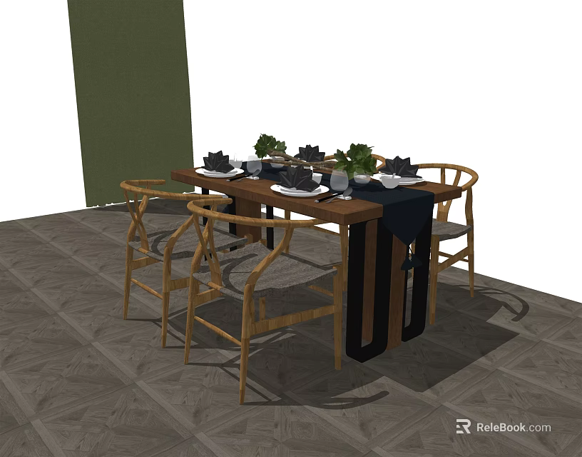 Wooden Dining Table Set With Matching Chairs Tableware And Green Plants 3d model