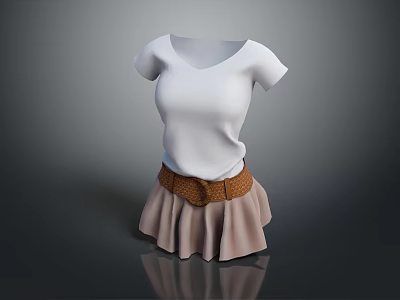 White Short Sleeve T Shirt With Brown Belt And Light Brown Pleated Skirt 3d model