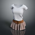 White Short Sleeve T Shirt With Brown Belt And Light Brown Pleated Skirt