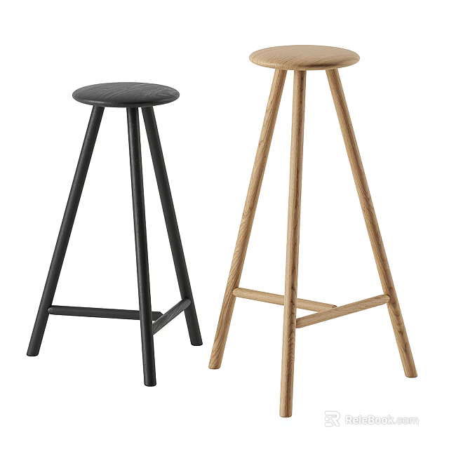 Modern Three Legged Bar Stools With Black And Natural Wood Design 3d model