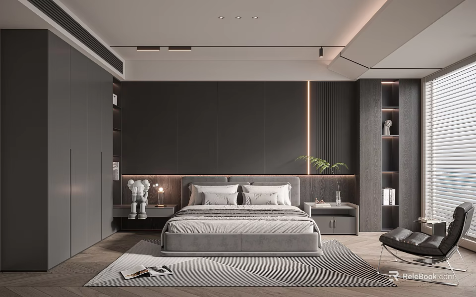 Modern Bedroom Interior With Gray Wardrobes Dark Headboard Wall Bed Geometric Rug And Green Plant 3d model 