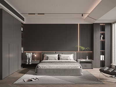 Modern Bedroom Interior With Gray Wardrobes Dark Headboard Wall Bed Geometric Rug And Green Plant 3d model